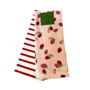 Kate Spade Kitchen Dish Towels Strawberries Pink White Red Cotton Set of 2